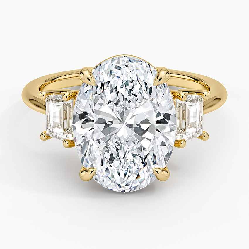 Embrace Three Stone Trapezoid Diamond Ring Yellow Gold 18k Oval Engagement Ring