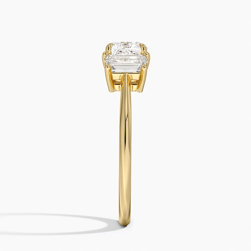 Luxe Embrace Three Stone Trapezoid Diamond Ring Yellow Gold 18k Cushion Engagement Ring