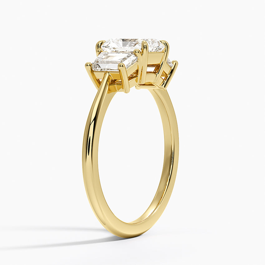 Luxe Embrace Three Stone Trapezoid Diamond Ring Yellow Gold 18k Radiant Engagement Ring