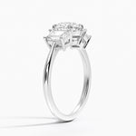 Luxe Embrace Three Stone Trapezoid Diamond Ring Platinum Round Engagement Ring