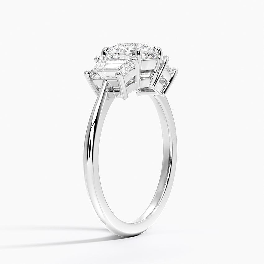 Luxe Embrace Three Stone Trapezoid Diamond Ring Platinum Round Engagement Ring
