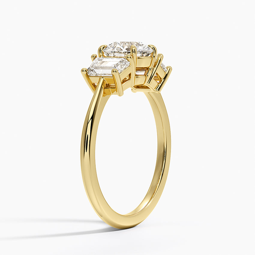 Luxe Embrace Three Stone Trapezoid Diamond Ring Yellow Gold 18k Round Engagement Ring