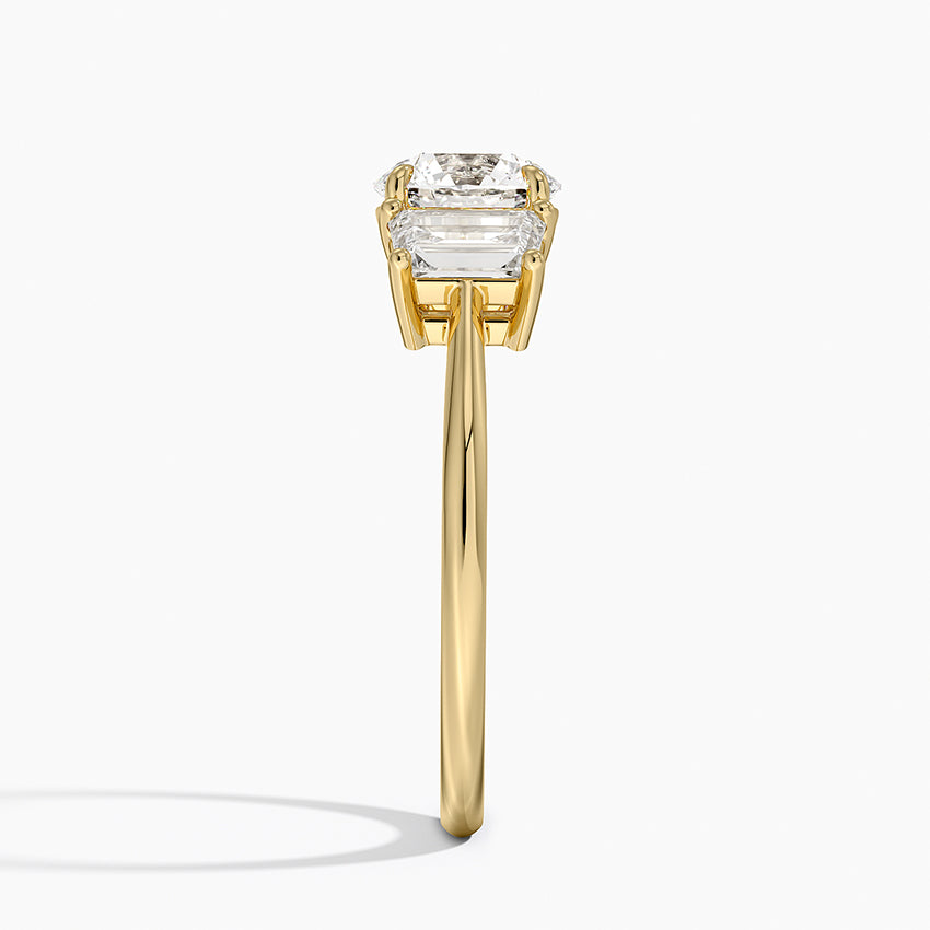 Luxe Embrace Three Stone Trapezoid Diamond Ring Yellow Gold 18k Round Engagement Ring