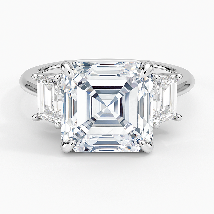 Luxe Embrace Three Stone Trapezoid Diamond Ring Platinum Asscher Engagement Ring