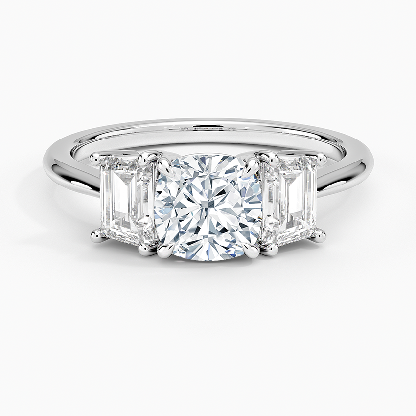 Luxe Embrace Three Stone Trapezoid Diamond Ring Platinum Cushion Engagement Ring
