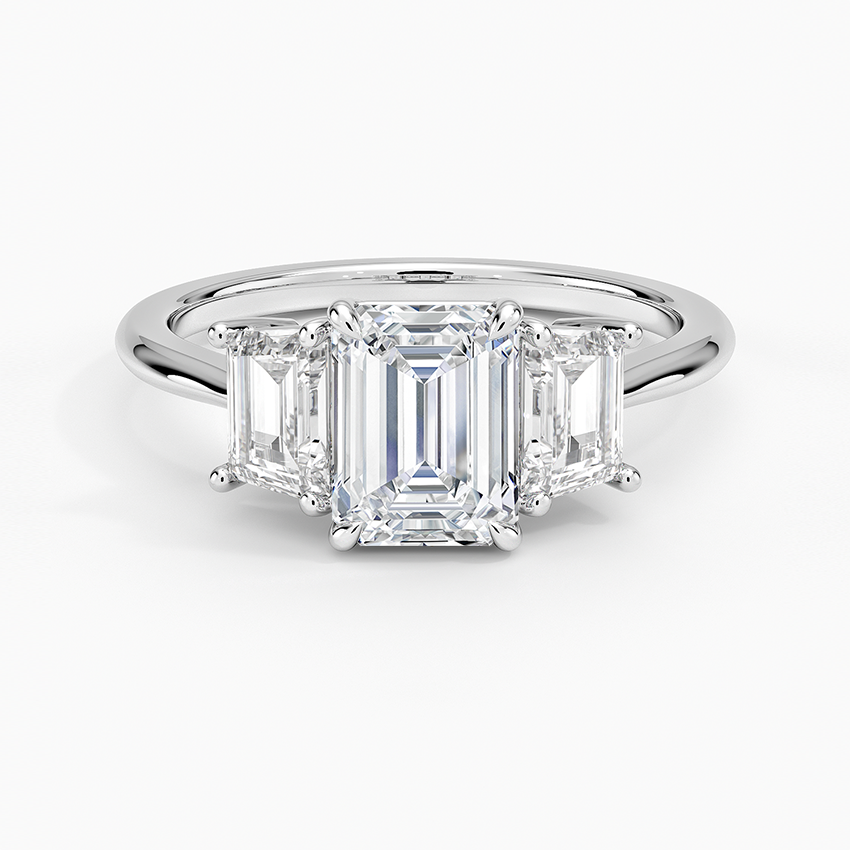 Embrace Three Stone Trapezoid Diamond Ring Platinum Emerald Engagement Ring