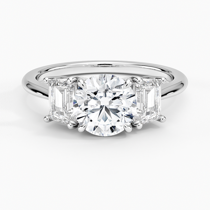 Luxe Embrace Three Stone Trapezoid Diamond Ring Platinum Round Engagement Ring