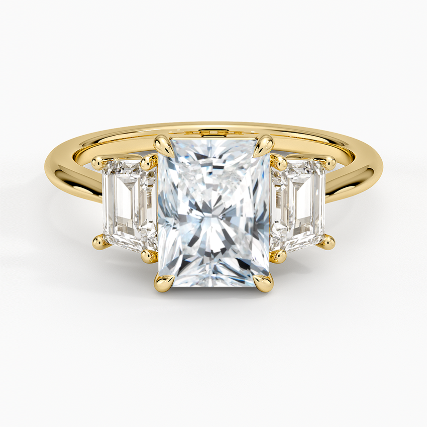 Luxe Embrace Three Stone Trapezoid Diamond Ring Yellow Gold 18k Radiant Engagement Ring