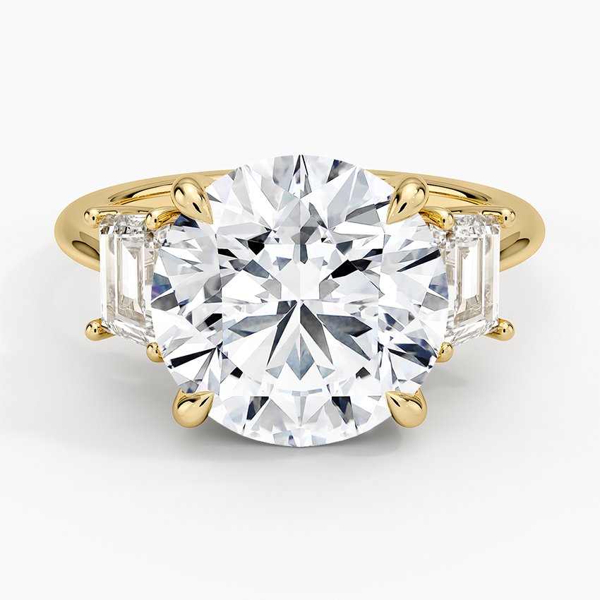 Luxe Embrace Three Stone Trapezoid Diamond Ring Yellow Gold 18k Round Engagement Ring