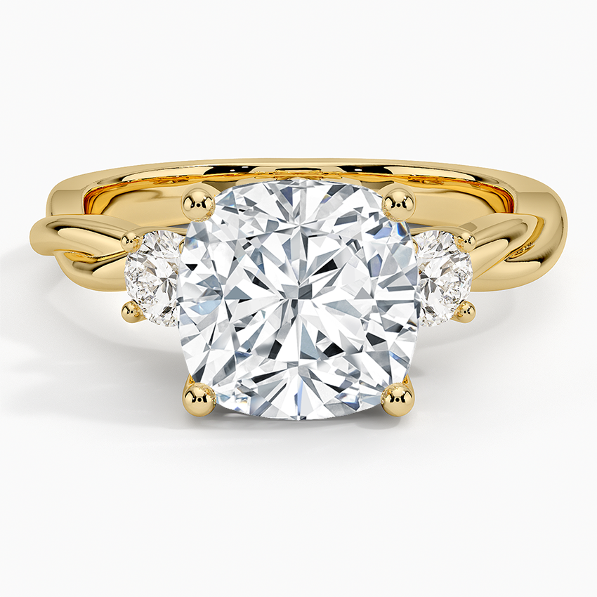 Twisted Vine Three Stone Diamond Ring Yellow Gold 18k Cushion Engagement Ring