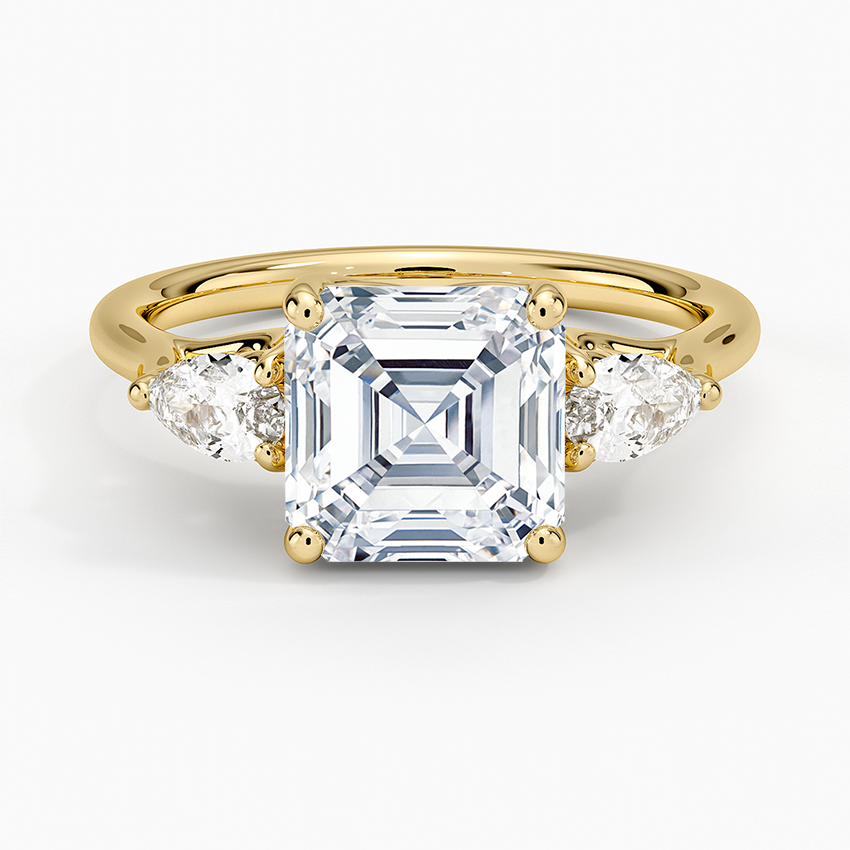 Trellis Three Stone Pear Diamond Ring Yellow Gold 18k Asscher Engagement Ring