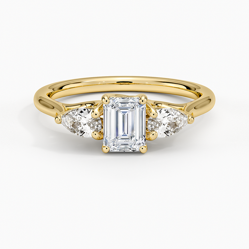 Trellis Three Stone Pear Diamond Ring Yellow Gold 18k Emerald Engagement Ring