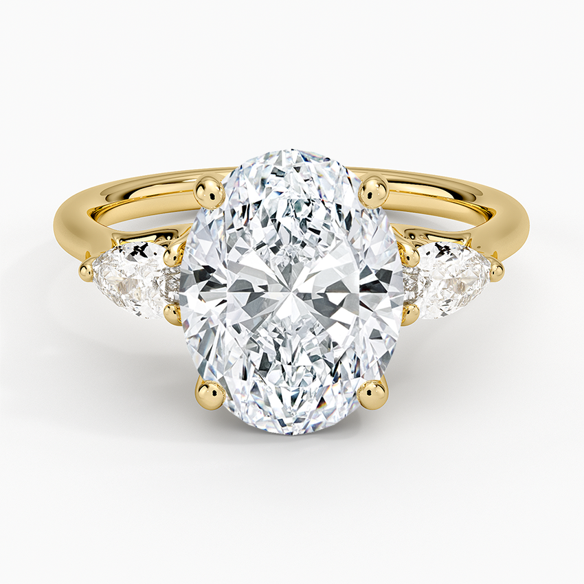 Trellis Three Stone Pear Diamond Ring Yellow Gold 18k Oval Engagement Ring