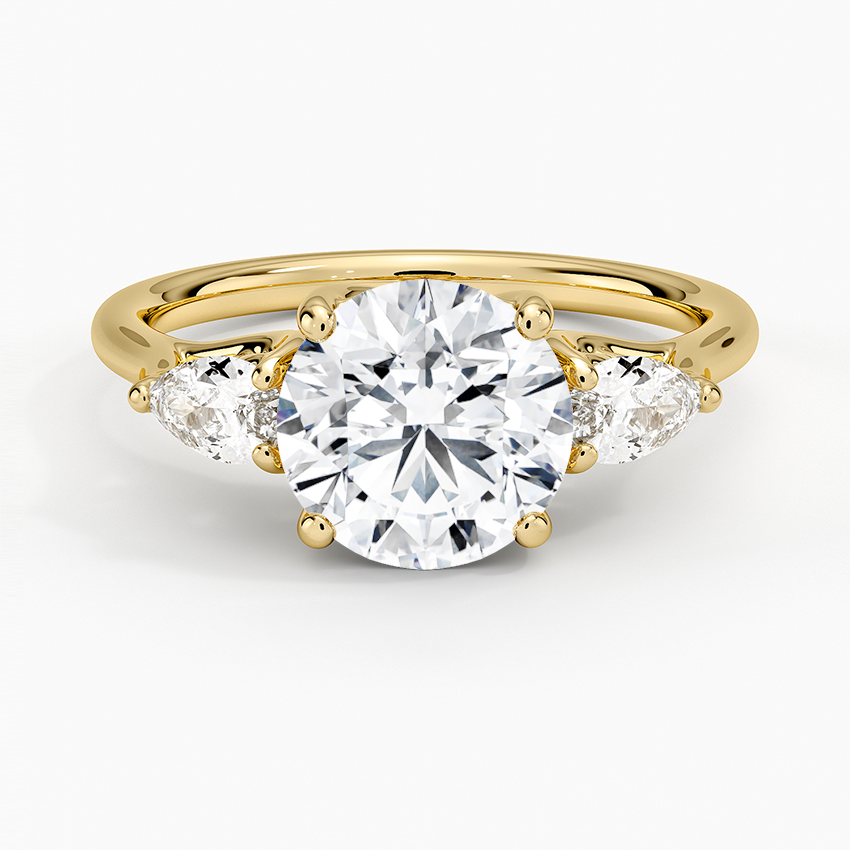 Trellis Three Stone Pear Diamond Ring Yellow Gold 18k Round Engagement Ring