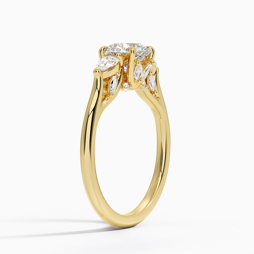 Secret Garden Gallery Three Stone Diamond Ring Yellow Gold 18k Round Engagement Ring