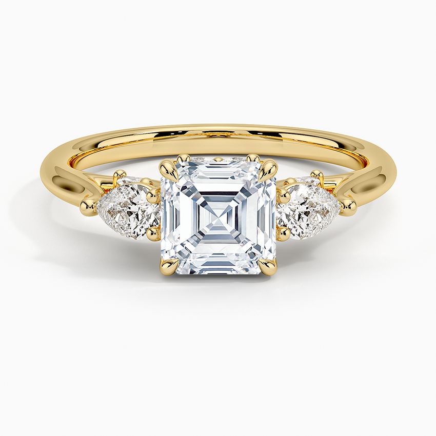 Secret Garden Gallery Three Stone Diamond Ring Yellow Gold 18k Asscher Engagement Ring