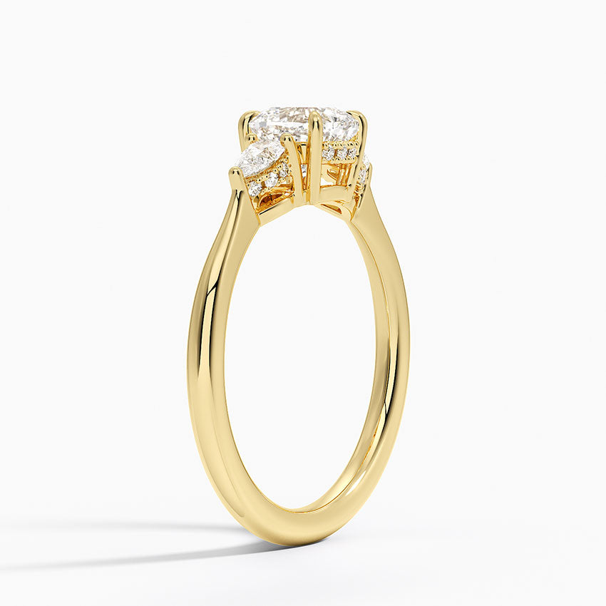 Adorned Petite Opera Three Stone Diamond Ring Yellow Gold 18k Cushion Engagement Ring
