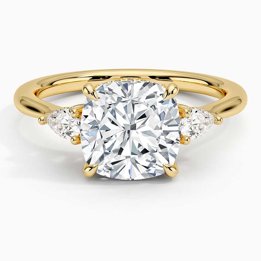Adorned Petite Opera Three Stone Diamond Ring Yellow Gold 18k Cushion Engagement Ring