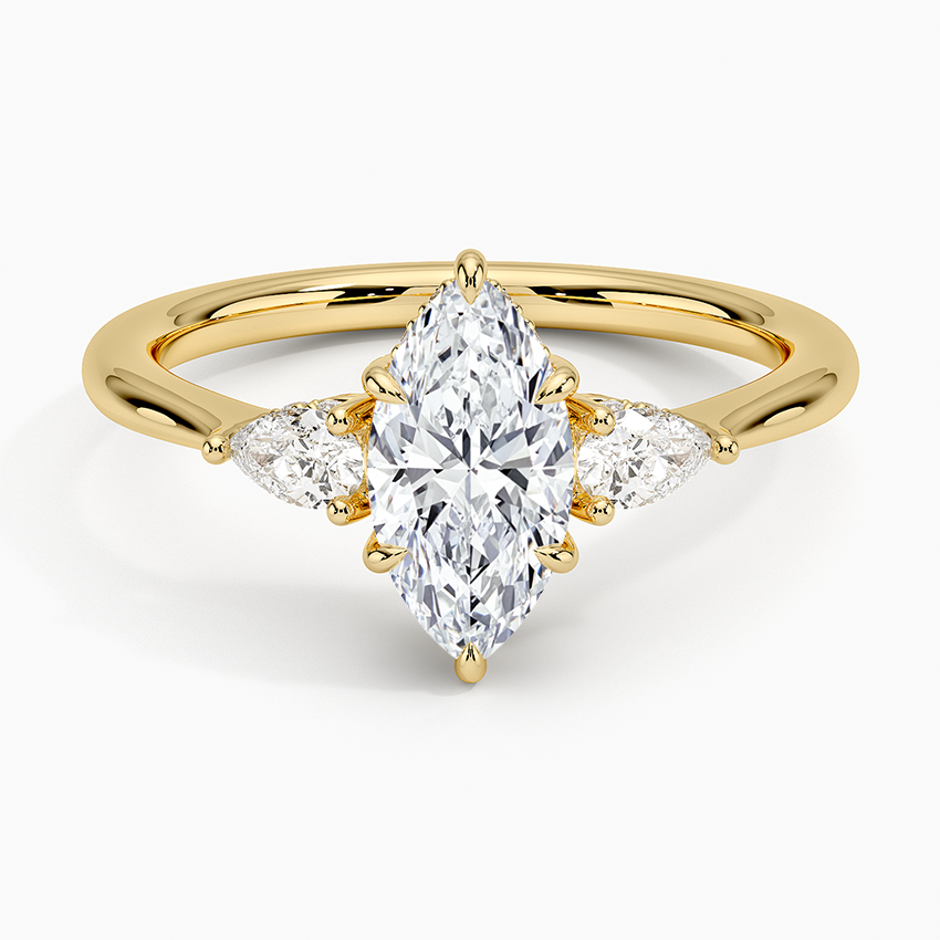 Adorned Petite Opera Three Stone Diamond Ring Yellow Gold 18k Marquise Engagement Ring