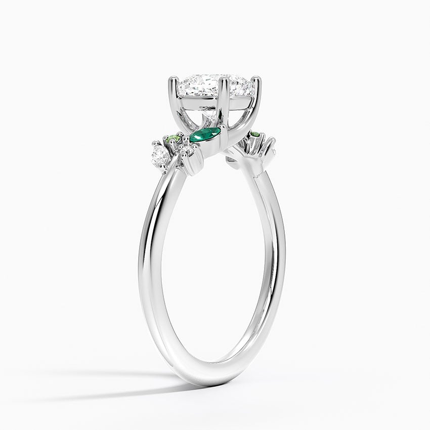 Arden Diamond Ring with Lab Emerald Accents Platinum Cushion Engagement Ring