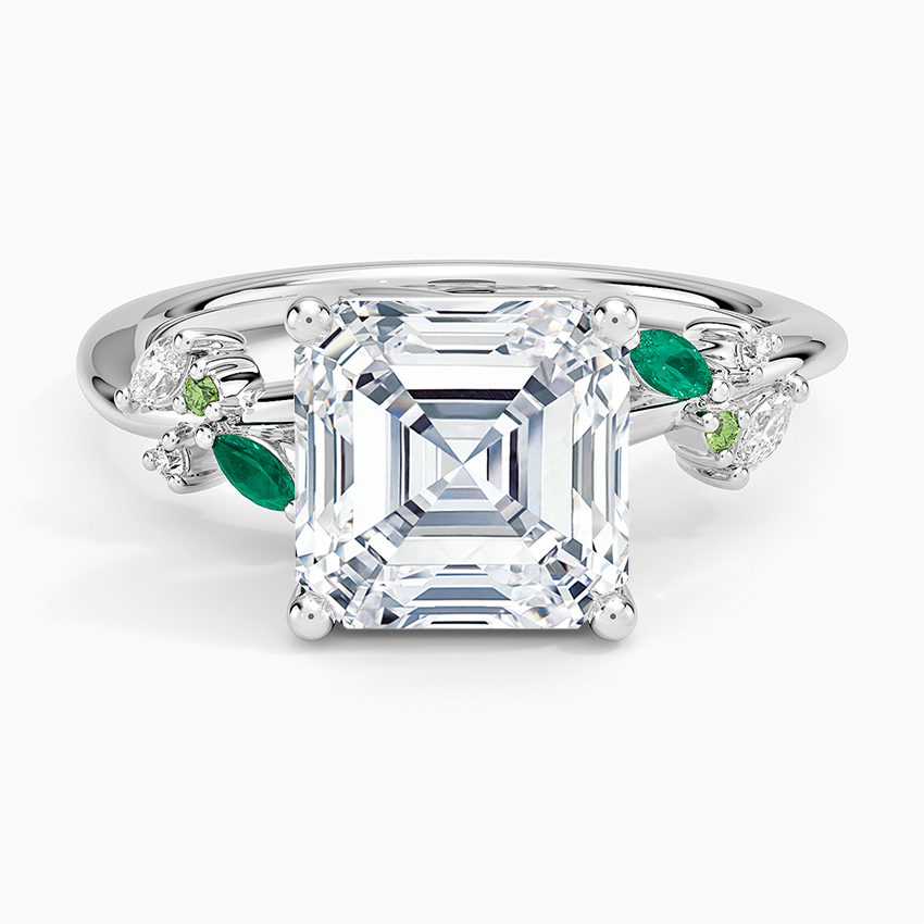 Arden Diamond Ring with Lab Emerald Accents Platinum Asscher Engagement Ring