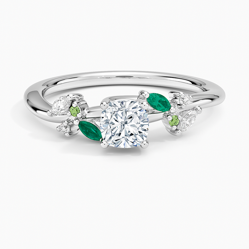 Arden Diamond Ring with Lab Emerald Accents Platinum Cushion Engagement Ring