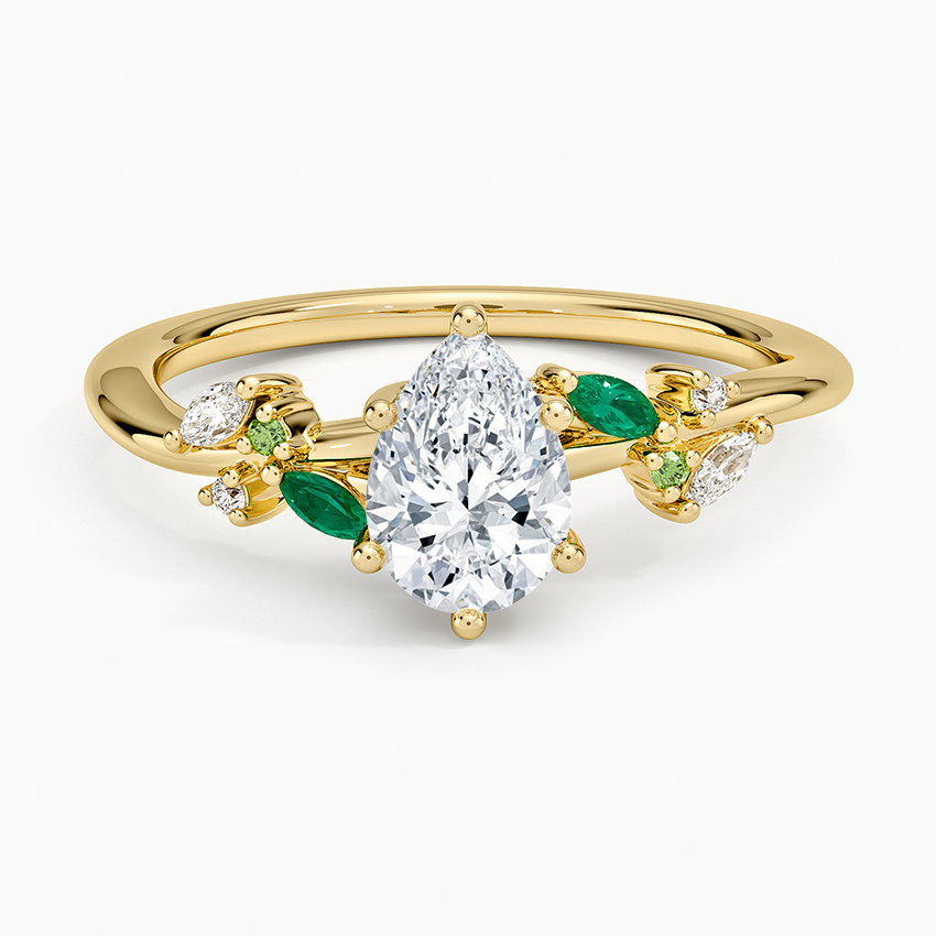 Arden Diamond Ring with Lab Emerald Accents Yellow Gold 18k Pear Engagement Ring