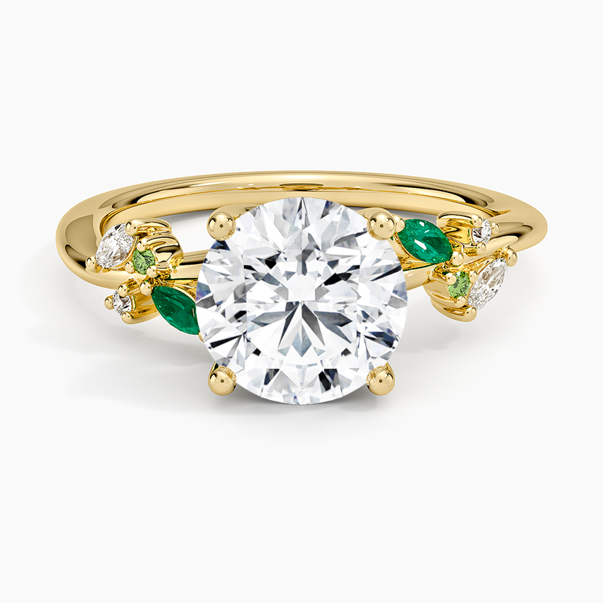 Arden Diamond Ring with Lab Emerald Accents Yellow Gold 18k Round Engagement Ring