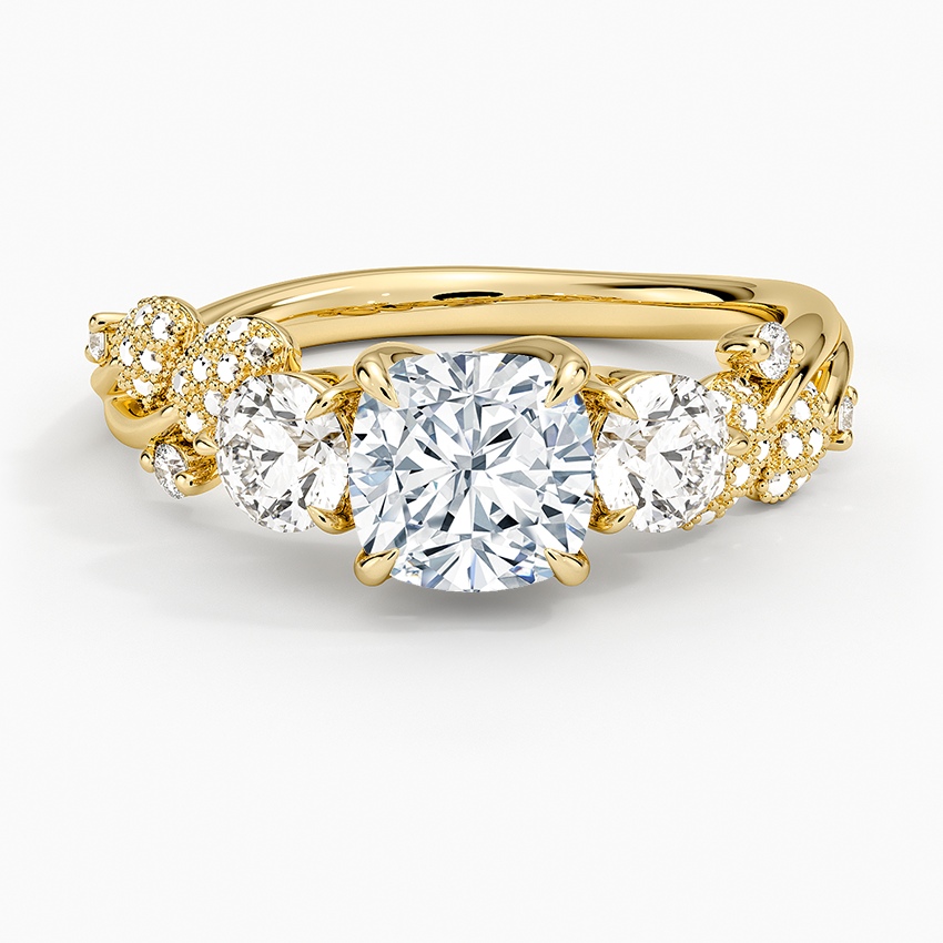 Canopy Three Stone Diamond Ring Yellow Gold 18k Cushion Engagement Ring