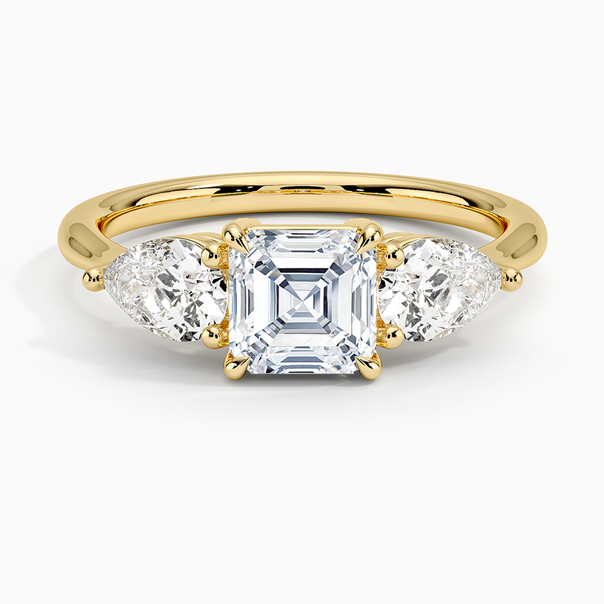 Luxe Opera Three Stone Diamond Ring Yellow Gold 18k Asscher Engagement Ring