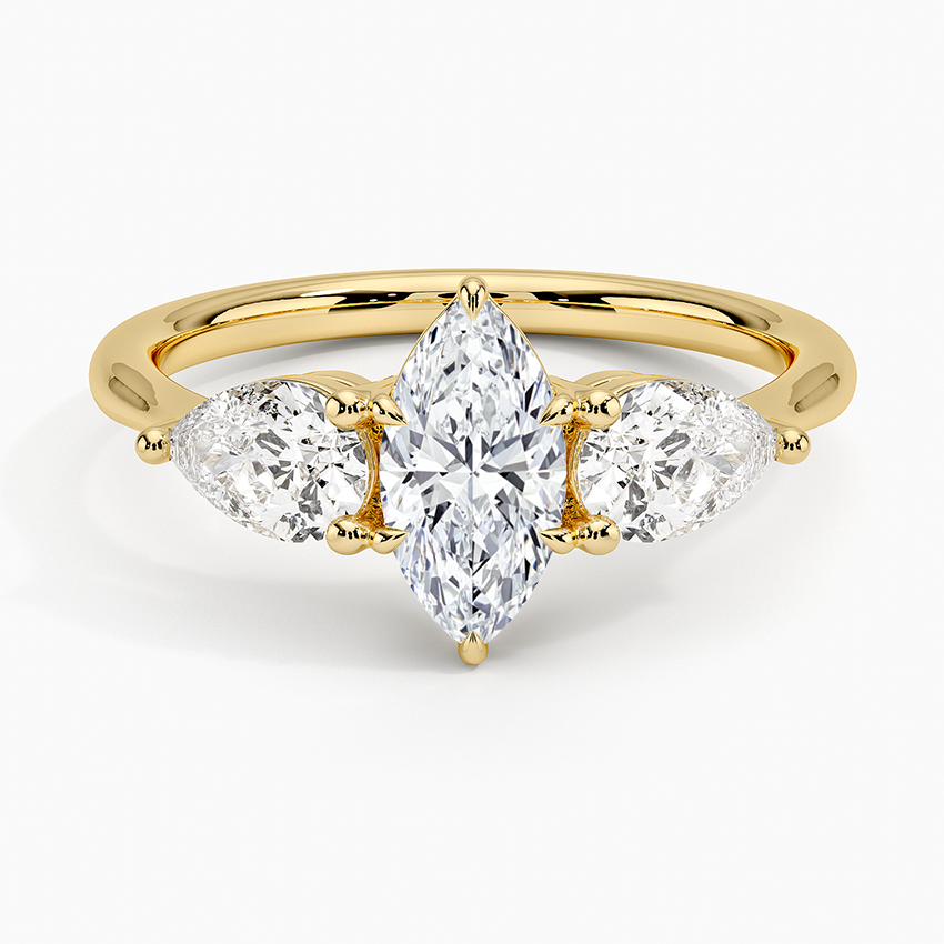 Luxe Opera Three Stone Diamond Ring Yellow Gold 18k Marquise Engagement Ring