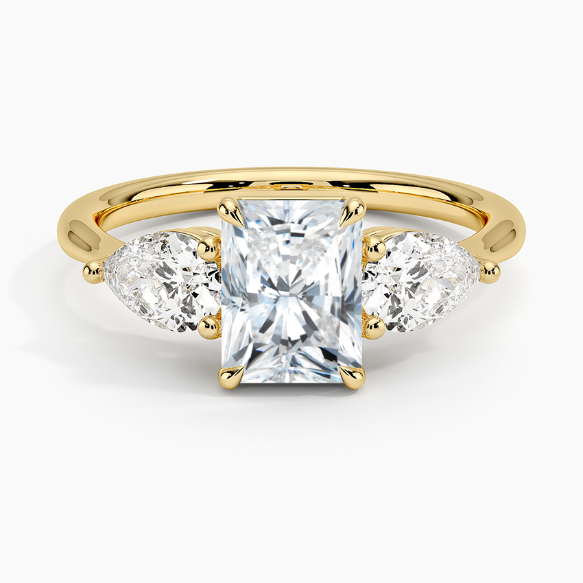 Luxe Opera Three Stone Diamond Ring Yellow Gold 18k Radiant Engagement Ring