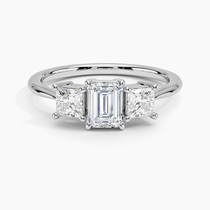 Princess Cut Three Stone Diamond Ring Platinum Emerald Engagement Ring