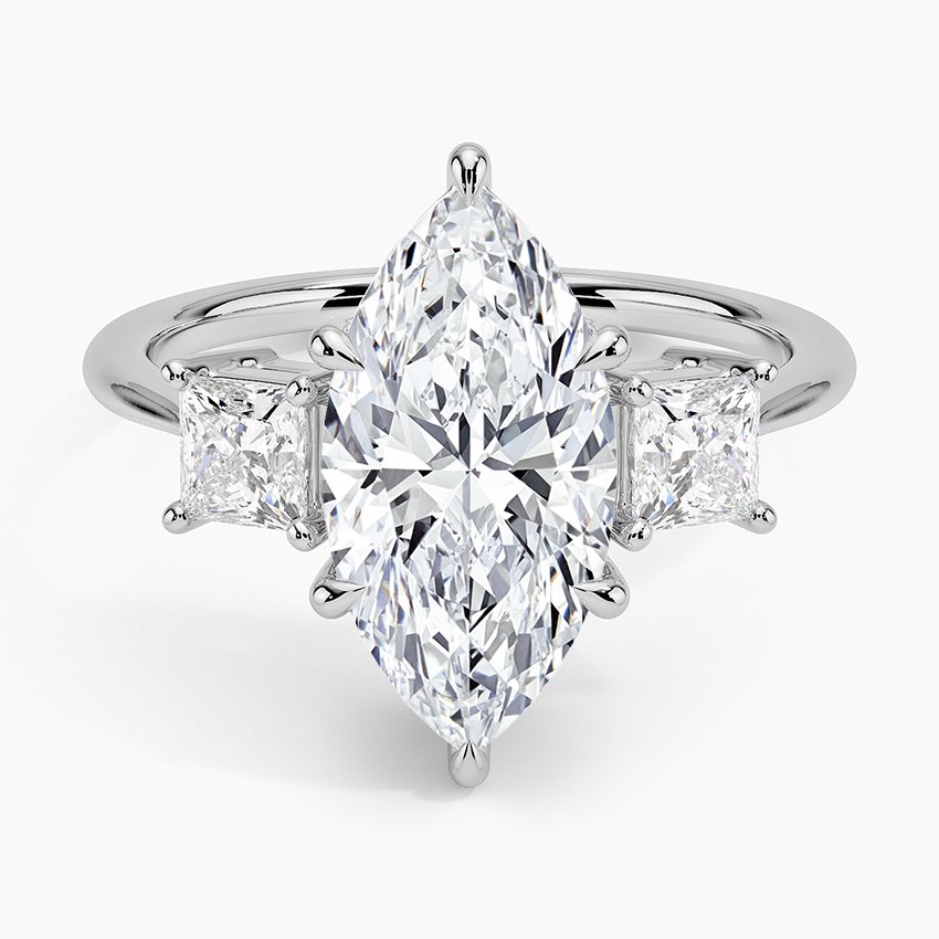 Princess Cut Three Stone Diamond Ring Platinum Marquise Engagement Ring