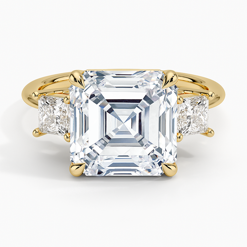 Princess Cut Three Stone Diamond Ring Yellow Gold 18k Asscher Engagement Ring