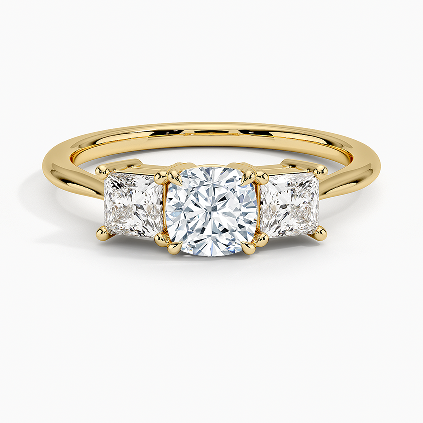 Princess Cut Three Stone Diamond Ring Yellow Gold 18k Cushion Engagement Ring