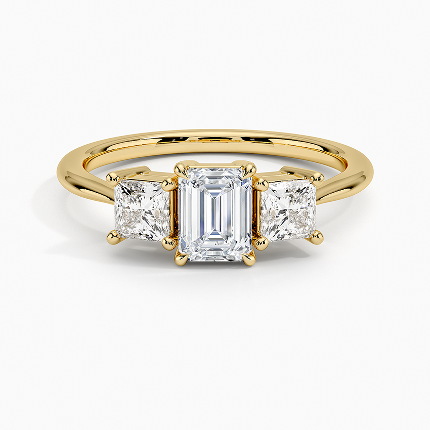 Princess Cut Three Stone Diamond Ring Yellow Gold 18k Emerald Engagement Ring