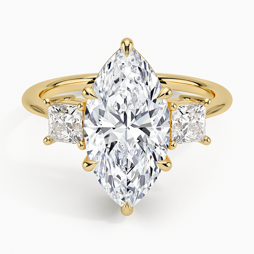 Princess Cut Three Stone Diamond Ring Yellow Gold 18k Marquise Engagement Ring