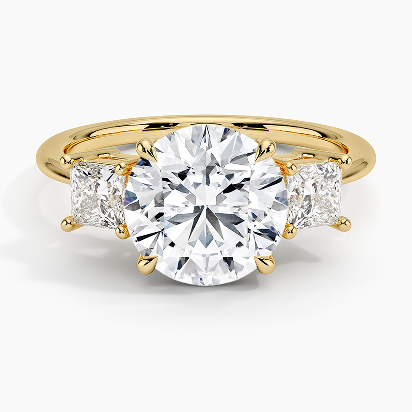 Princess Cut Three Stone Diamond Ring Yellow Gold 18k Round Engagement Ring