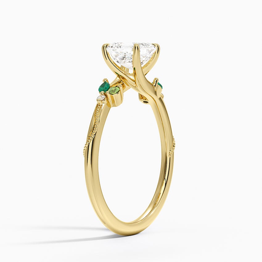Camellia Milgrain Green Gemstone and Diamond Ring Yellow Gold 18k Asscher Engagement Ring