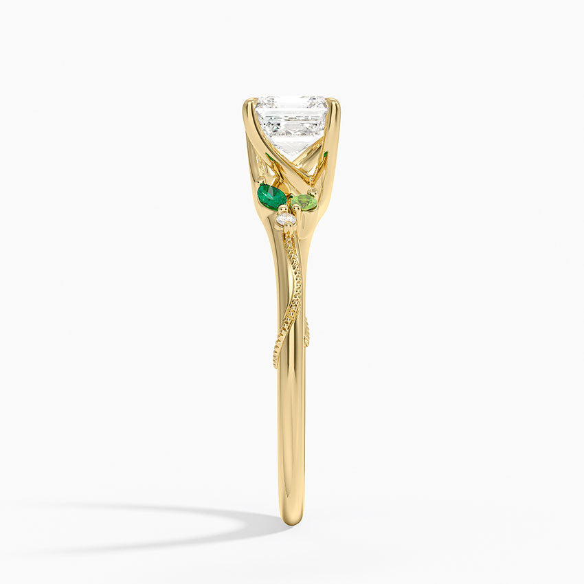 Camellia Milgrain Green Gemstone and Diamond Ring Yellow Gold 18k Asscher Engagement Ring