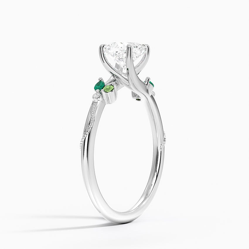 Camellia Milgrain Green Gemstone and Diamond Ring Platinum Cushion Engagement Ring