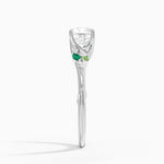 Camellia Milgrain Green Gemstone and Diamond Ring Platinum Cushion Engagement Ring