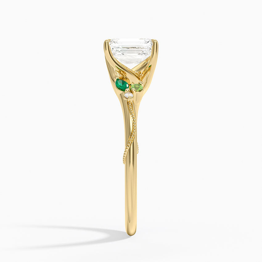 Camellia Milgrain Green Gemstone and Diamond Ring Yellow Gold 18k Emerald Engagement Ring