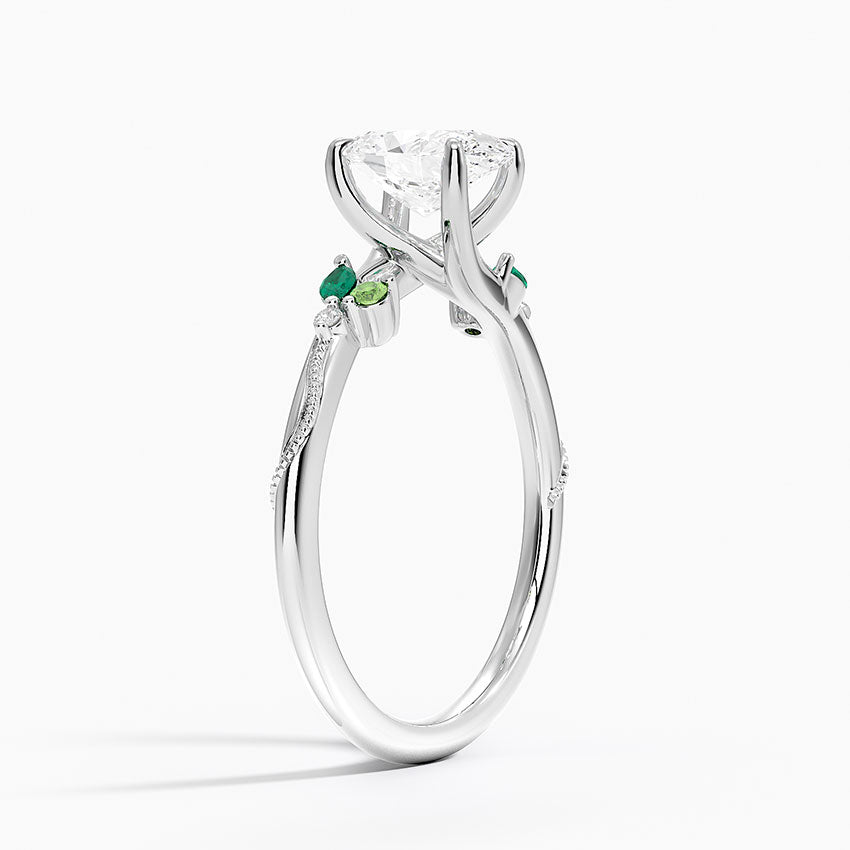 Camellia Milgrain Green Gemstone and Diamond Ring Platinum Oval Engagement Ring