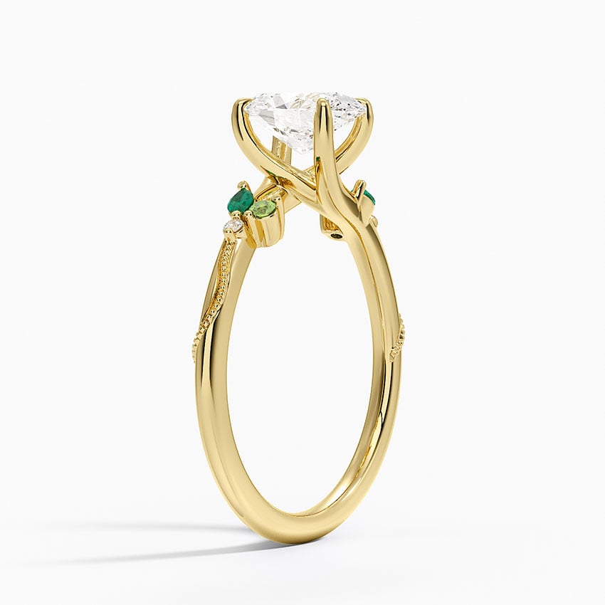 Camellia Milgrain Green Gemstone and Diamond Ring Yellow Gold 18k Oval Engagement Ring