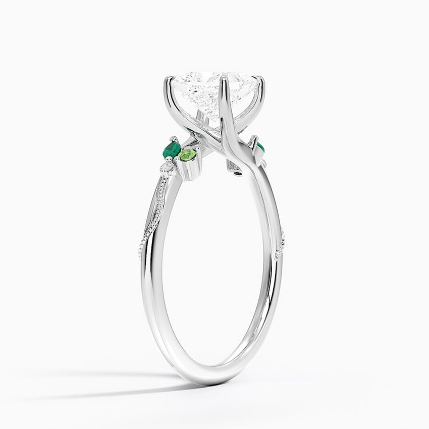Camellia Milgrain Green Gemstone and Diamond Ring Platinum Princess Engagement Ring