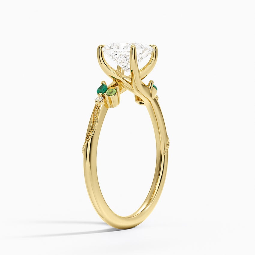 Camellia Milgrain Green Gemstone and Diamond Ring Yellow Gold 18k Princess Engagement Ring