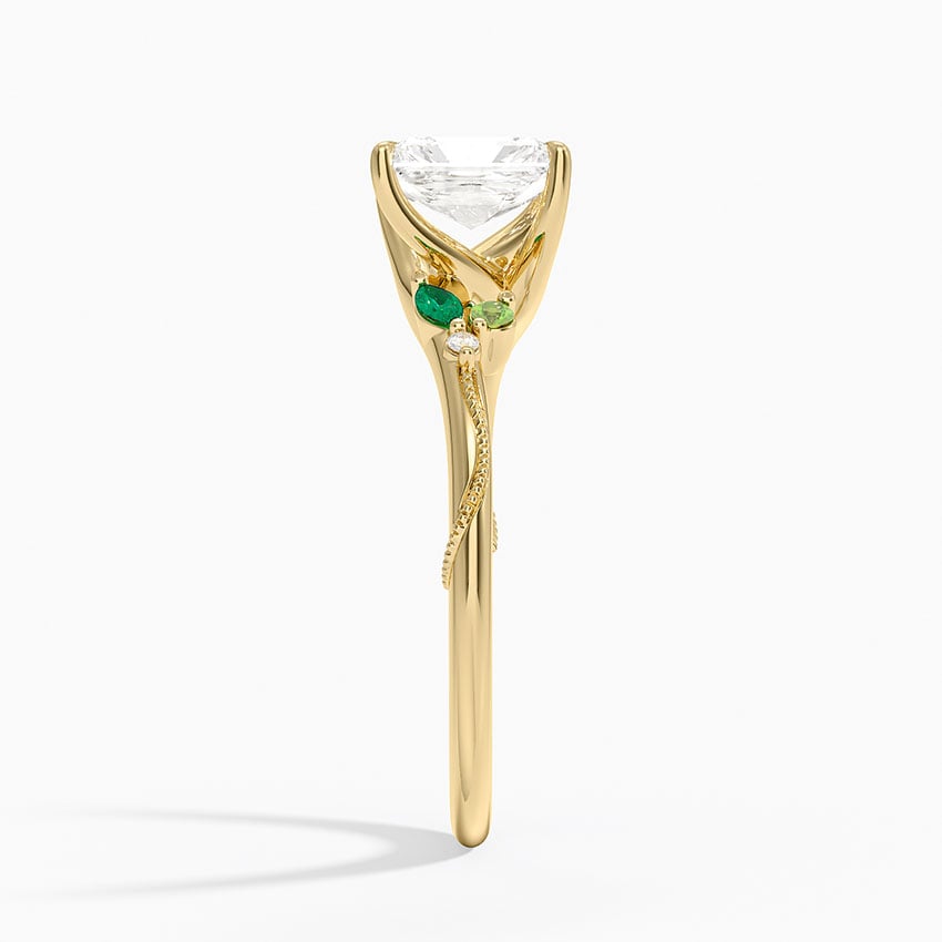 Camellia Milgrain Green Gemstone and Diamond Ring Yellow Gold 18k Radiant Engagement Ring