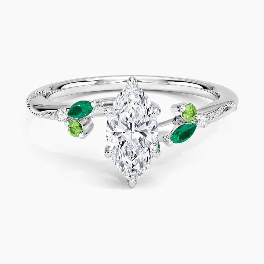 Camellia Milgrain Green Gemstone and Diamond Ring Platinum Marquise Engagement Ring